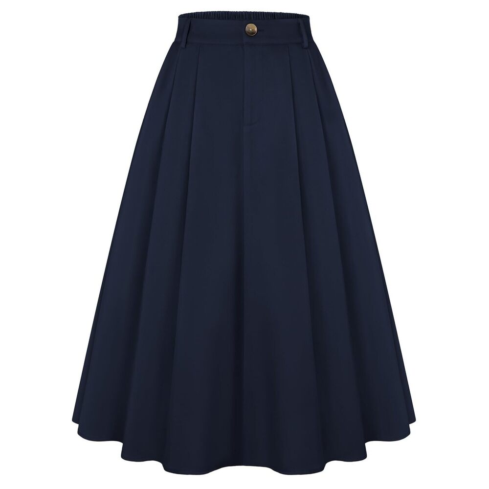 7246 A Line Skirt Below Knee High Waisted Midi Skirts with Side Pockets adn